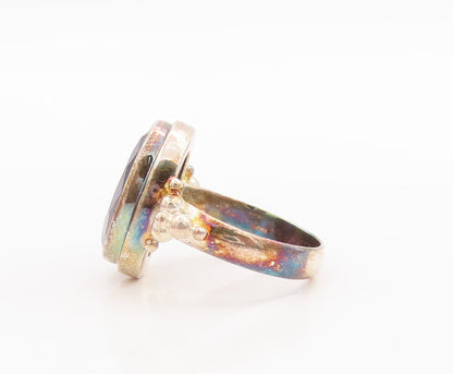 925 Sterling Silver Vintage Ring Beaded Oval Cut Blue Gemstone Sz 7  RG29700