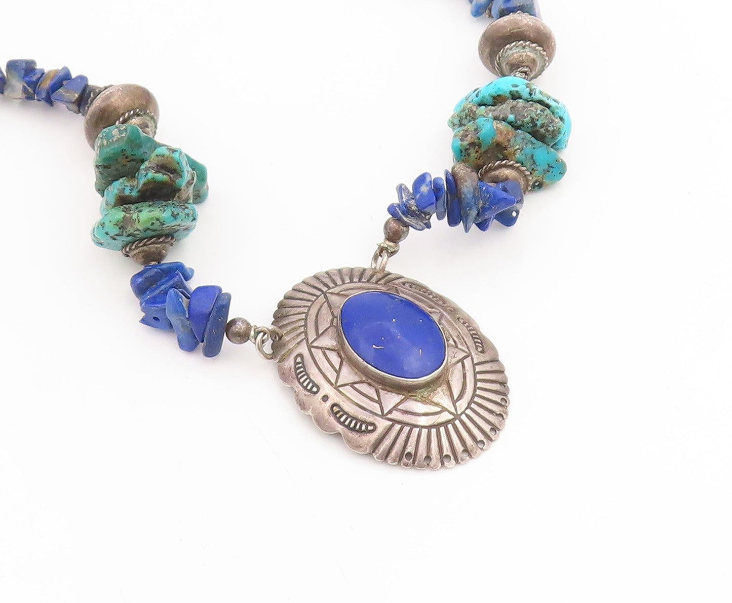 925 Sterling Silver Vintage Necklace SOUTHWESTERN Lapis Lazuli Bead Chain NE4786
