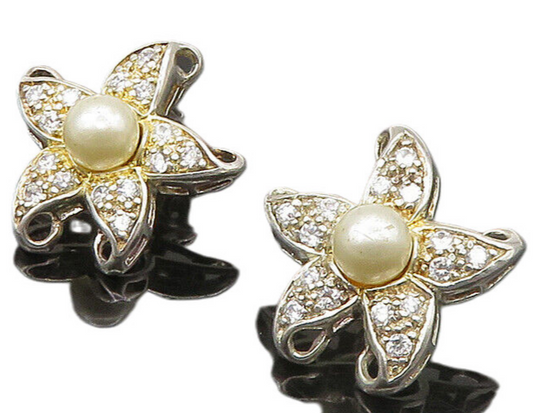 925 Silver  Vintage Cultured Pearl & Topaz Starfish Drop Earrings  EG11499