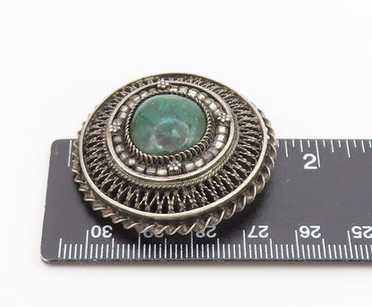 ISRAEL 925 Silver  Vintage Malachite Halo Filigree Floral Brooch Pin  BP10403