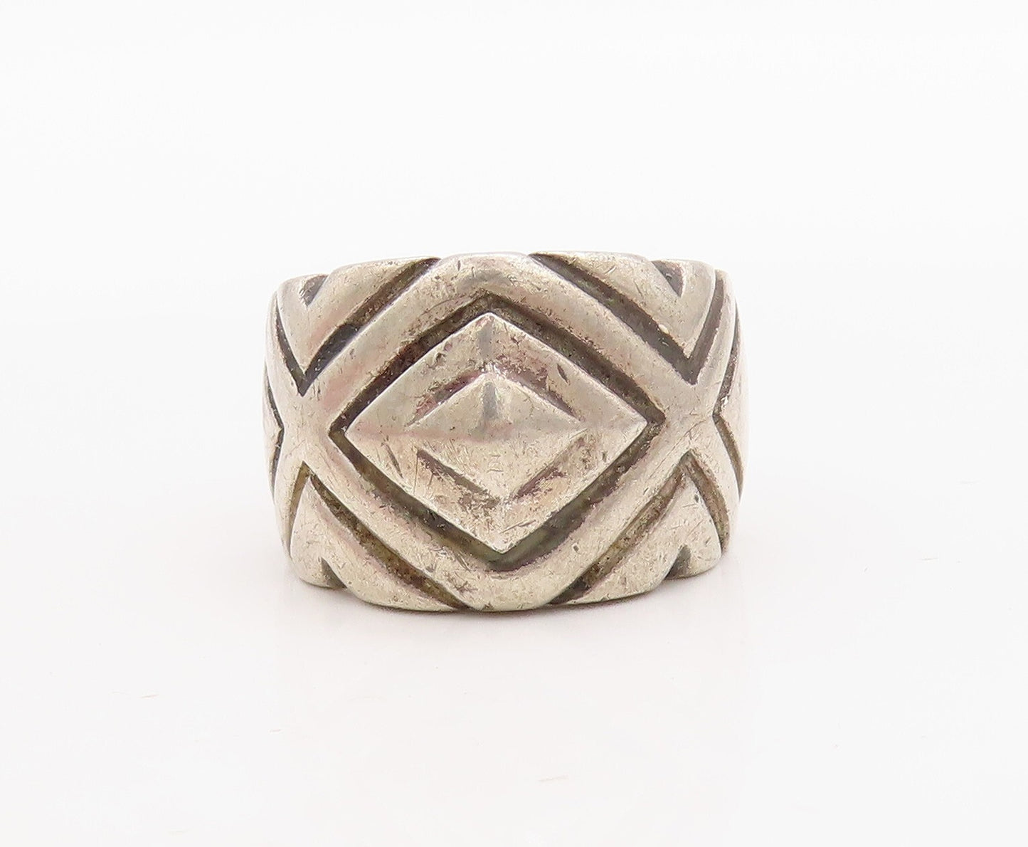 925 Sterling Silver Vintage Ring Solid Diamond Shape Etched  Sz 7  RG31685