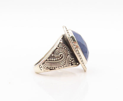 925 Sterling Silver Vintage Ring Oval Red Gemstone Halo Beaded Sz 8  RG30203