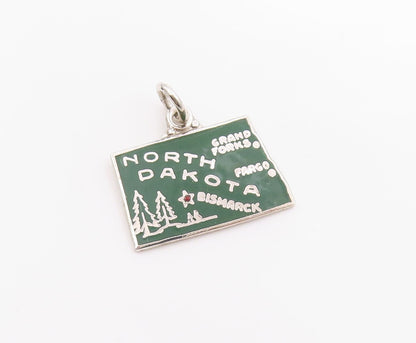 925 Sterling Silver Vintage Pendant Enameled North Dakota State Charm  PT24980
