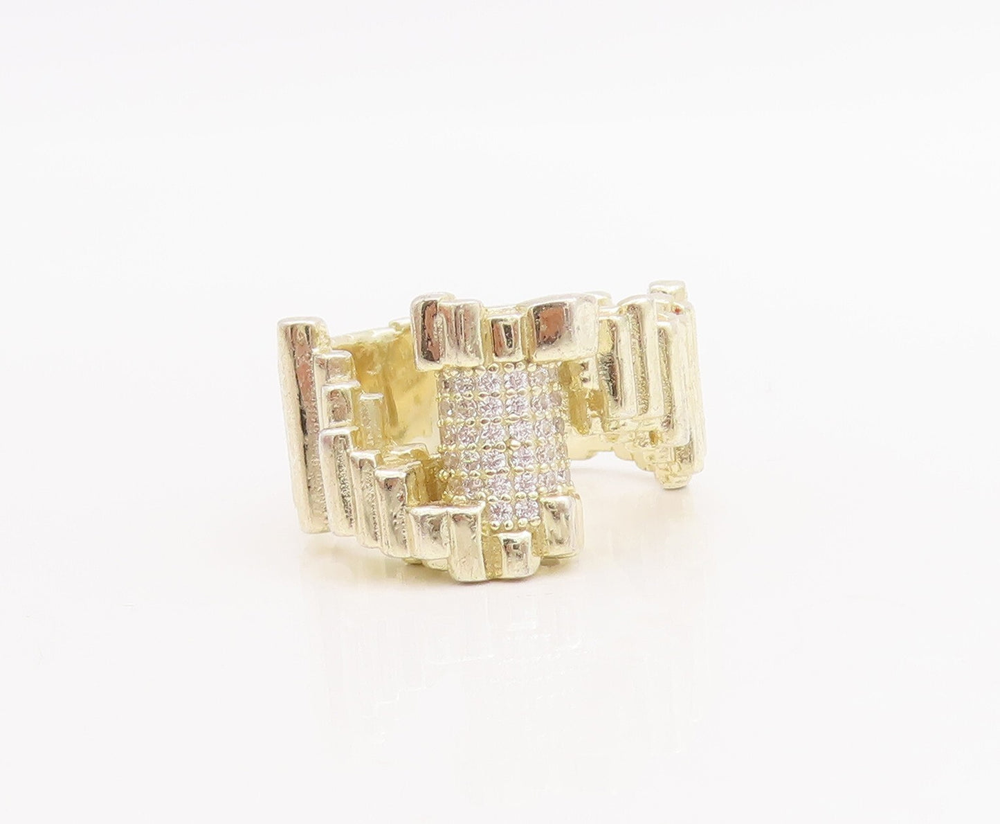 925 Sterling Silver Vintage Ring Solid Brutalist CZ Wood Cut  Sz 7.5  RG28968