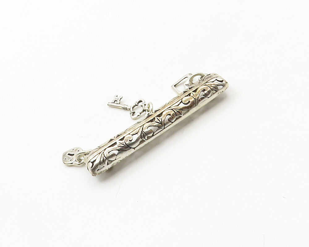 925 Sterling Silver  Vintage Shiny Heart Lock & Key Charmed Brooch Pin  BP7471