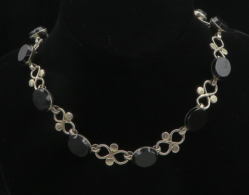 MEXICO 925 Silver  Vintage Black Onyx Infinity Link Chain Necklace  NE3066