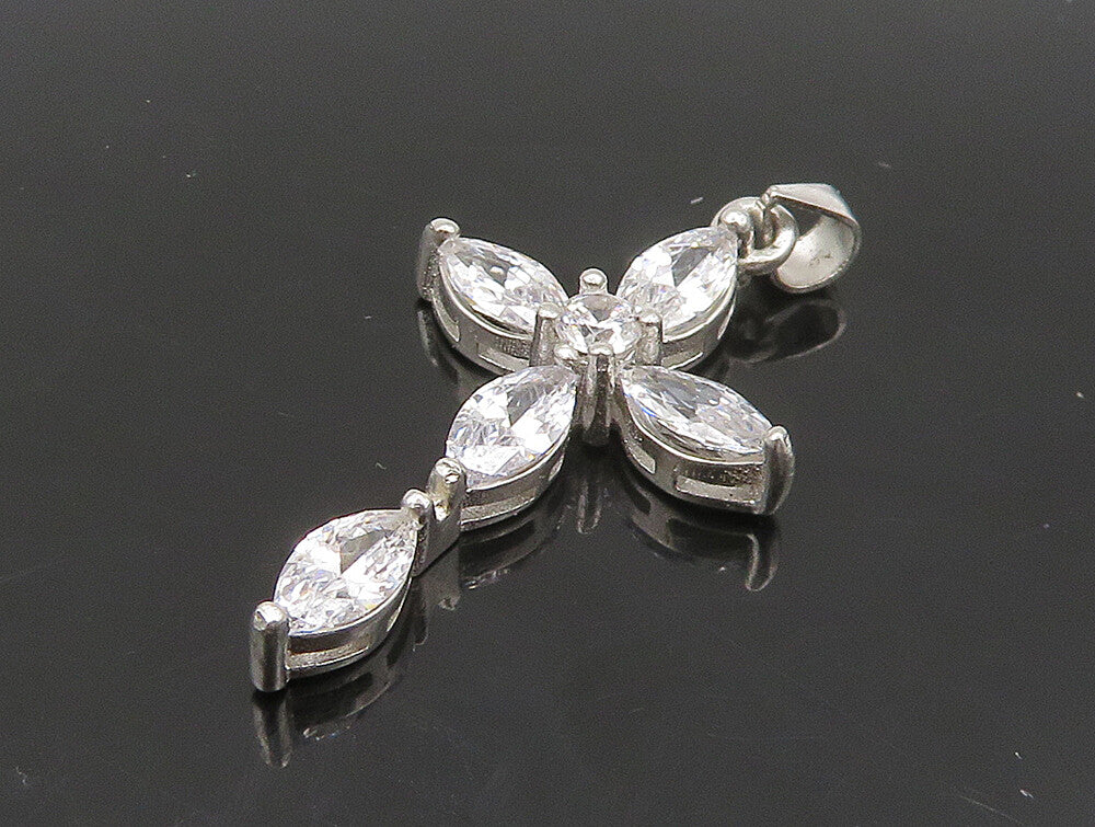 925 Sterling Silver  Vintage Marquise Topaz Religious Cross Pendant  PT19623