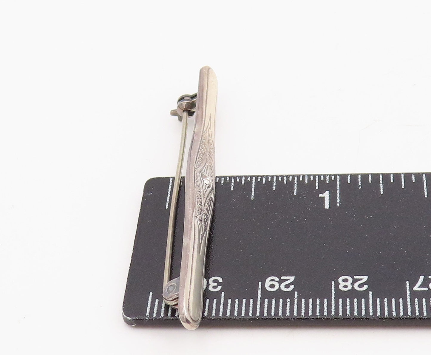 925 Sterling Silver Vintage Brooch Pin Round Cut CZ Etched Floral Bar  BP12201