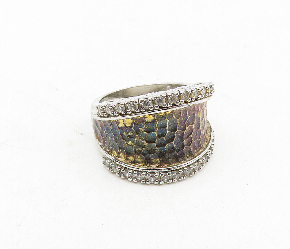 ESPO 925 Sterling Silver  Vintage Cubic Zirconia Hammered Ring Sz 6  RG9043