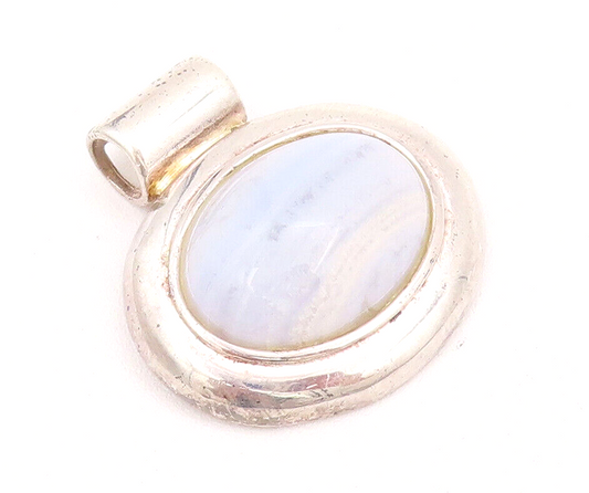 925 Sterling Silver Vintage Pendant Oval Cabochon Blue Laced Agate  PT22808