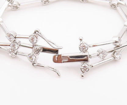 925 Sterling Silver Vintage Bracelet Round CZ & Stick Three Bands  BT11149