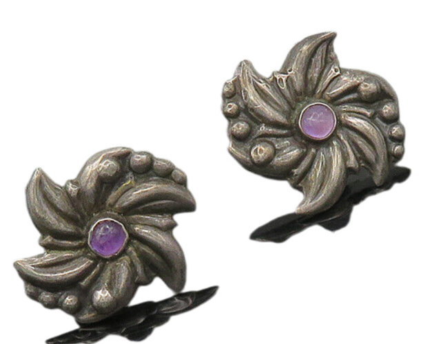 MEXICO 925 Sterling Silver Vintage Antique Amethyst Non Pierce Earrings  EG10170