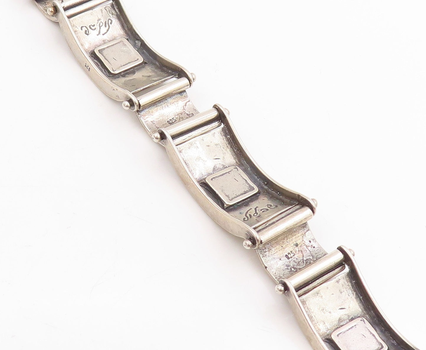 925 Sterling Silver Vintage Bracelet SHABLOOL ISRAEL Opal Hammered Link  BT11443