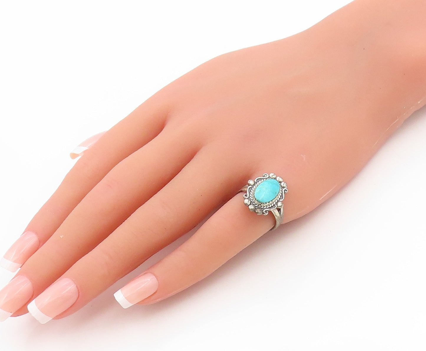 925 Sterling Silver Vintage Ring POST BELL Cabochon Turquoise Band Sz 6 RG34719