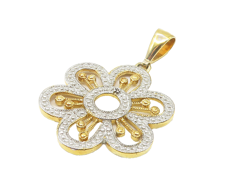 925 Sterling Silver  Shiny Two Tone Flower Motif Drop Pendant  PT8530