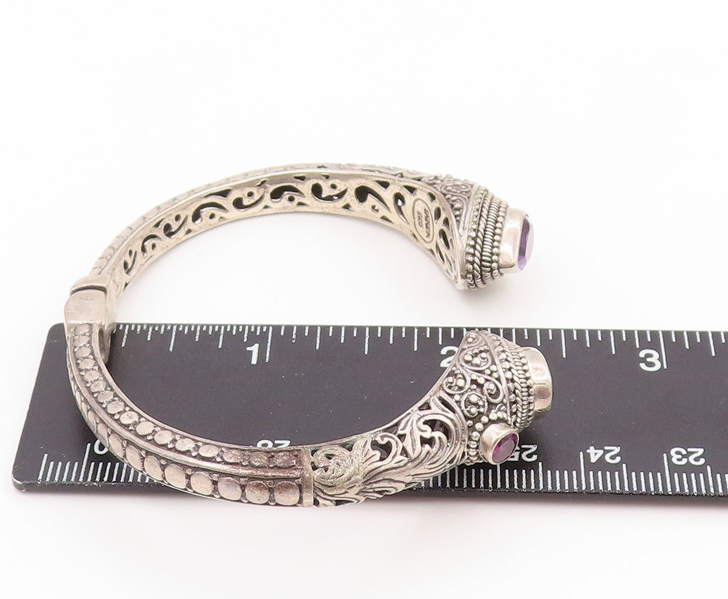 925 Sterling Silver Vintage Bracelet SARDA Amethyst Scrollwork Cuff  BT11768