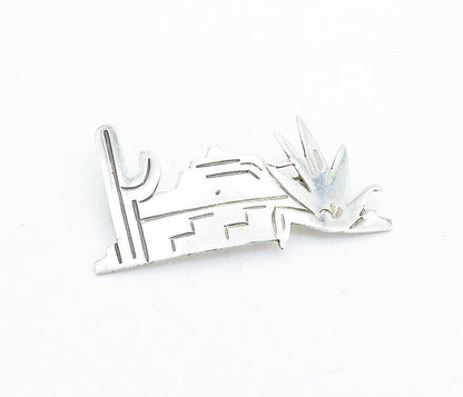 MEXICO 925 Sterling Silver  Vintage Cactus Desert Scene Brooch Pin  BP2629