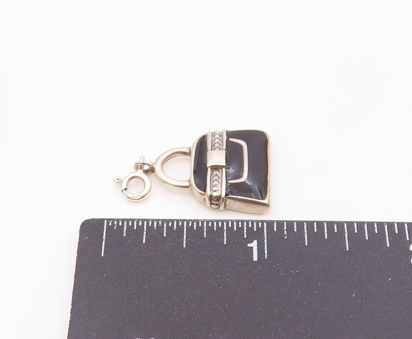 925 Sterling Silver  Vintage Black Enamel Tote Purse Charm Pendant  PT20343