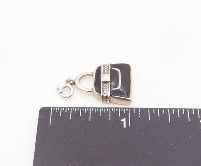 925 Sterling Silver  Vintage Black Enamel Tote Purse Charm Pendant  PT20343
