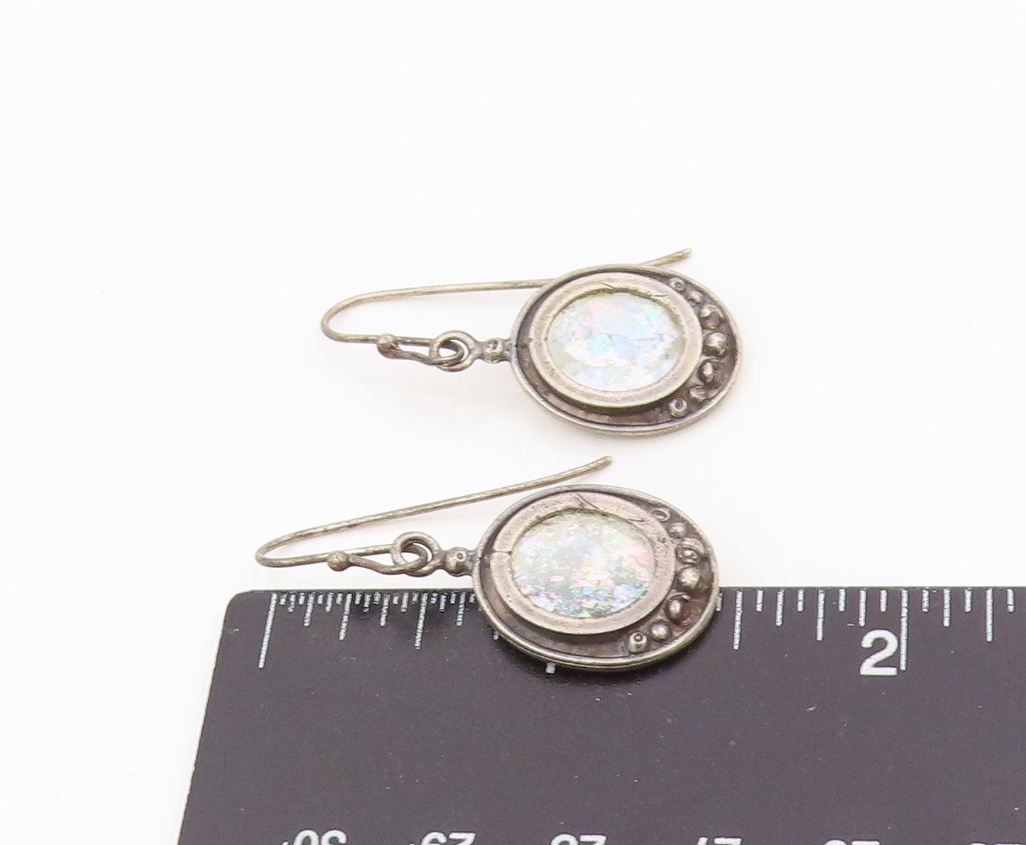 925 Sterling Silver Vintage Earrings Elegant Oval Roman Glass Dangles  EG13803