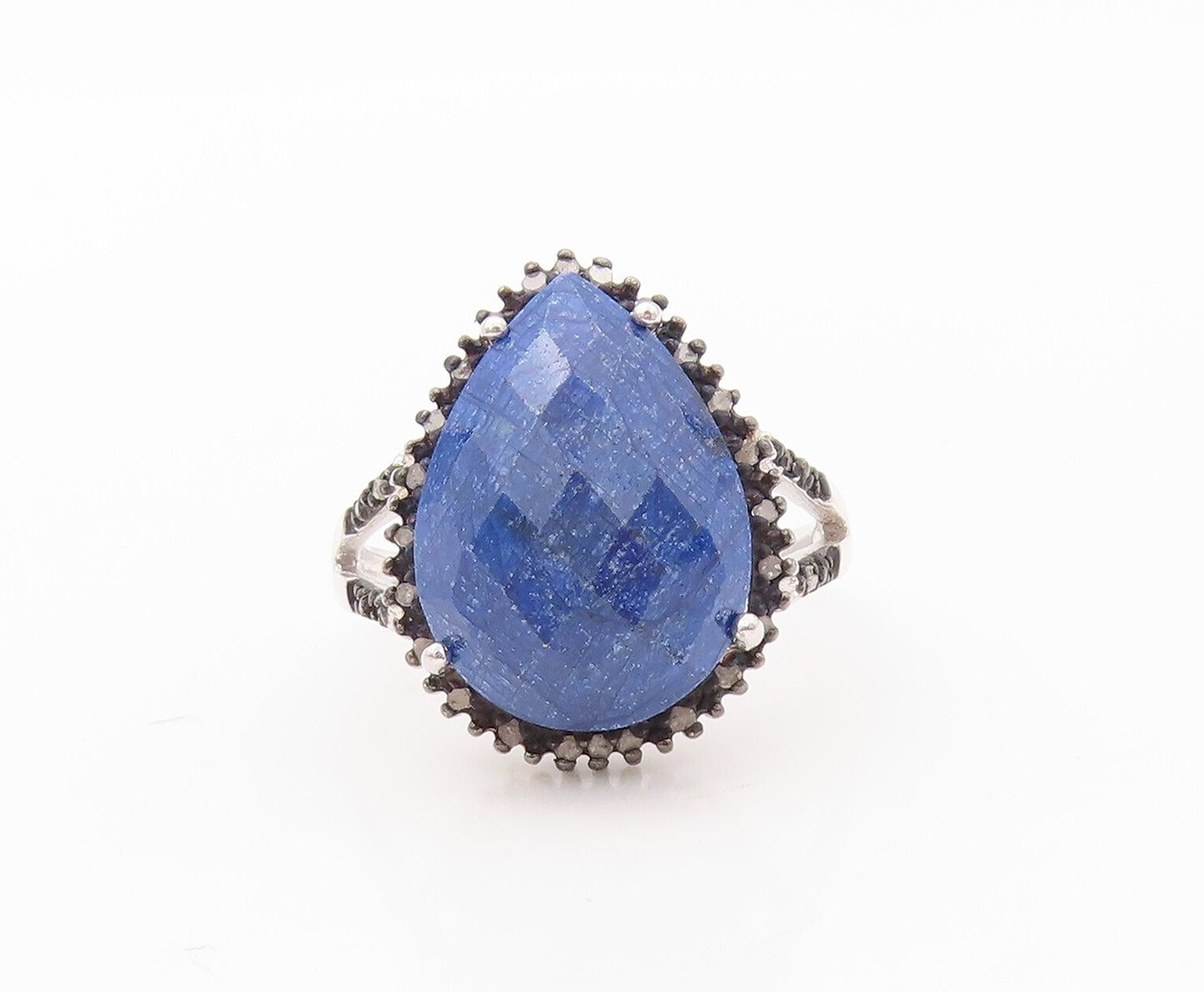 925 Sterling Silver Vintage Ring Diamonds & Drop Cut Gemstone  Sz 10  RG30618