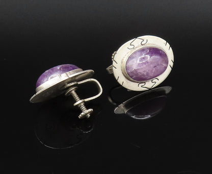 CASTILLO 925 Silver  Vintage Etched Frame Amethyst Screw Back Earrings EG12190