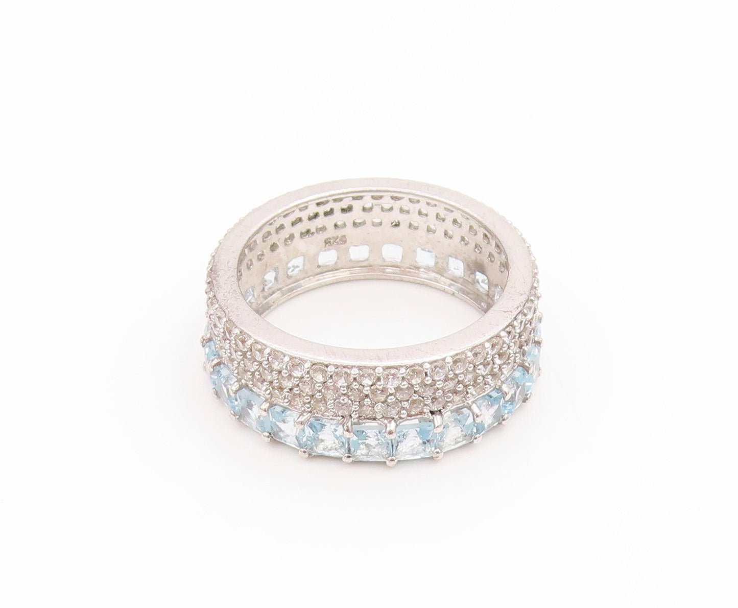 925 Sterling Silver Vintage Ring Blue & White Topaz Eternity Band  Sz 7  RG35662