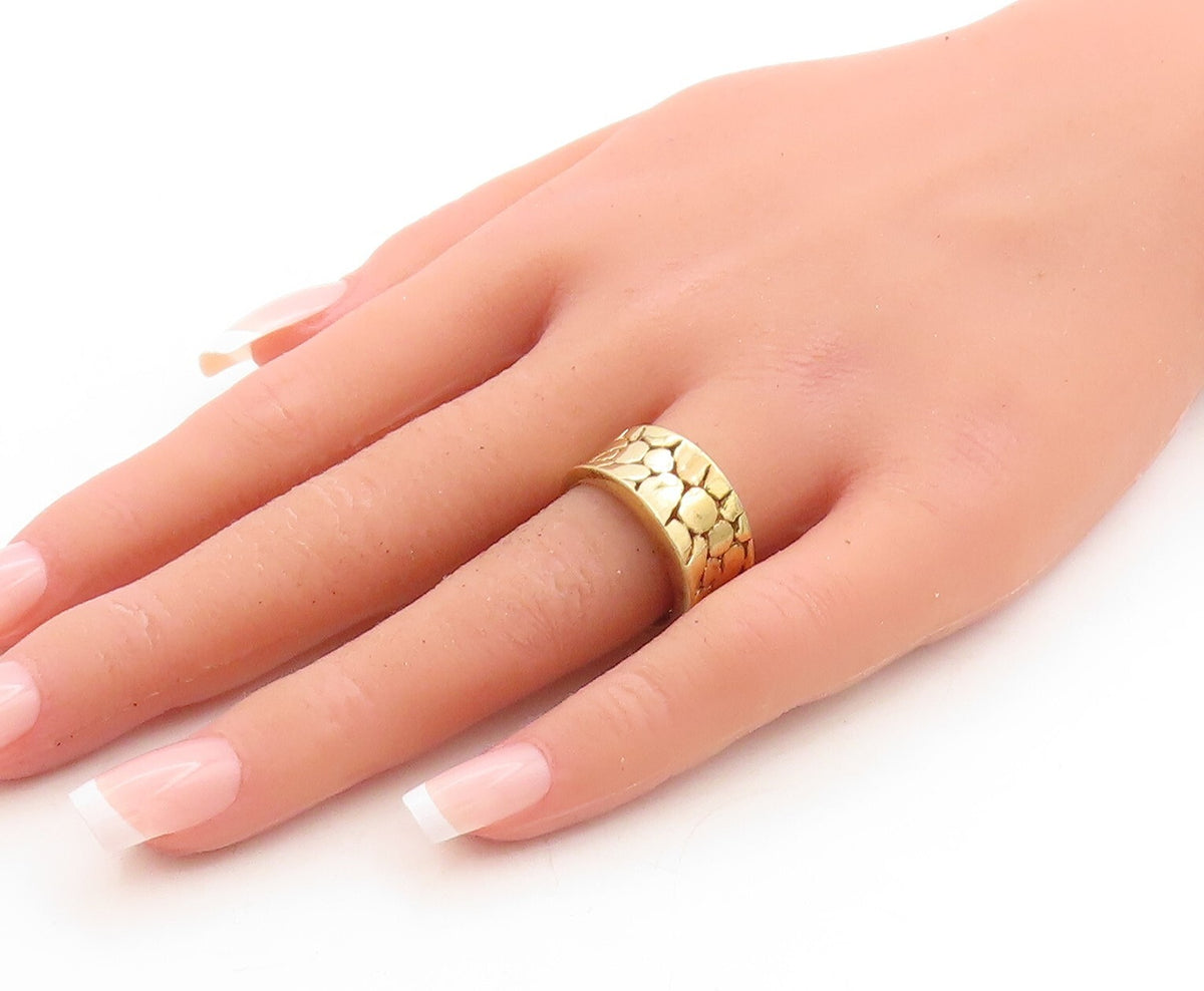 925 Sterling Silver Vintage Ring Gold Plated Pebble Effect Carved  Sz 8  RG31356