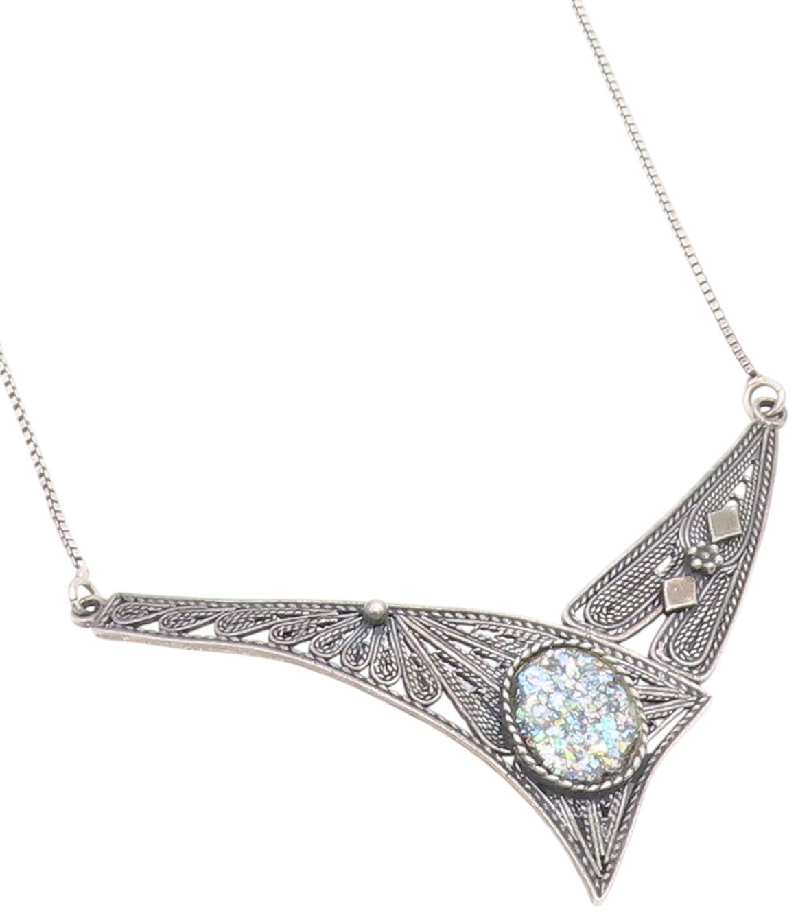 925 Sterling Silver Vintage Necklace ISRAEL Roman Glass Filigree Chain  NE4711