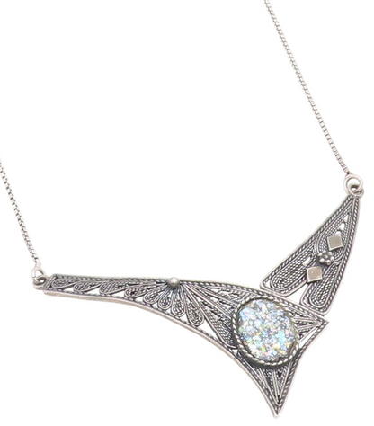 925 Sterling Silver Vintage Necklace ISRAEL Roman Glass Filigree Chain  NE4711