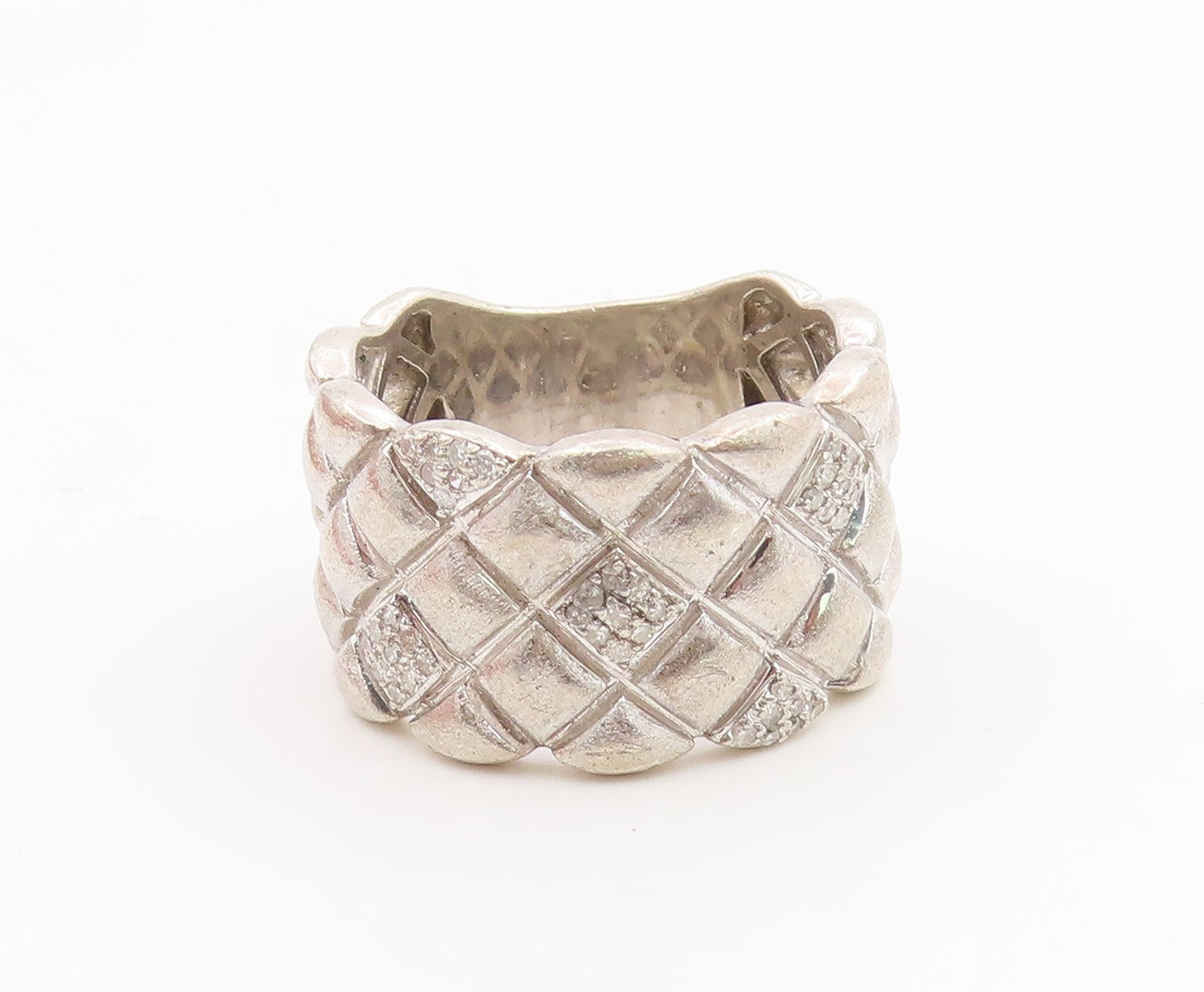 925 Sterling Silver Vintage Ring Real Diamonds Quilted Dome Band Sz 8.5 RG35742