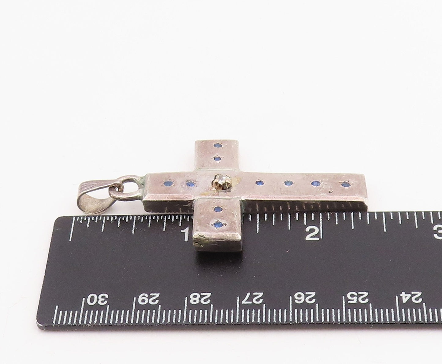 925 Sterling Silver Vintage Pendant Real Diamond & Sapphire Holy Cross  PT25878