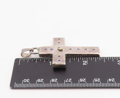 925 Sterling Silver Vintage Pendant Real Diamond & Sapphire Holy Cross  PT25878