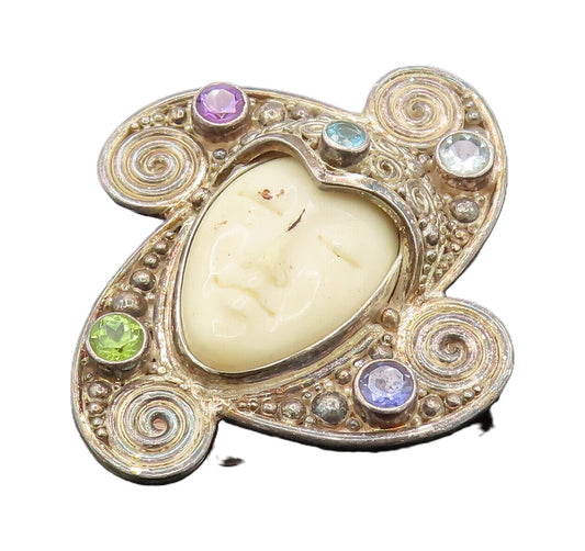 SAJEN 925 Silver  Vintage Carved Coral Topaz & Gemstones Brooch Pin  BP10125