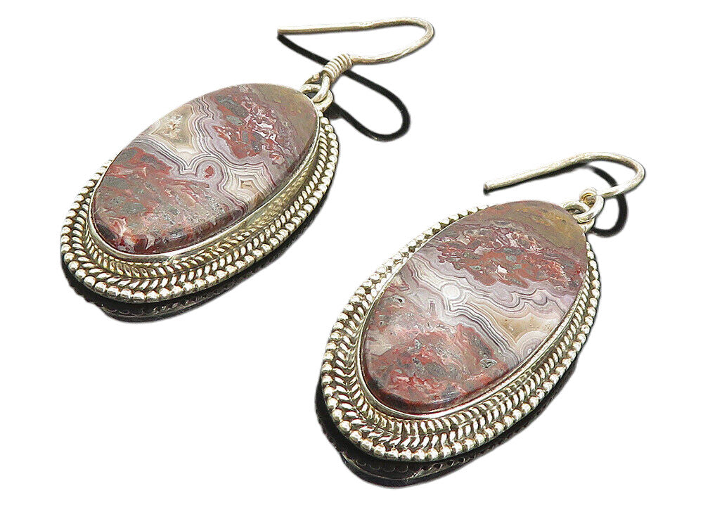 925 Sterling Silver  Vintage Agate Oval Twist Border Dangle Earrings  EG3895