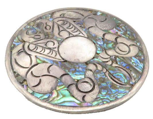 MEXICO 925 Sterling Silver  Vintage Abalone Etched Design Brooch Pin  BP3973