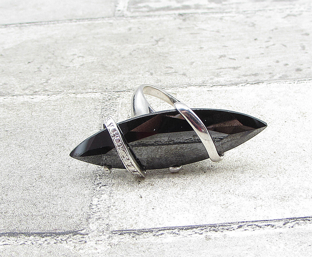 925 Silver  Marquise Cut Faceted Hematite Wrapped Solitaire Ring Sz 7  RG1957