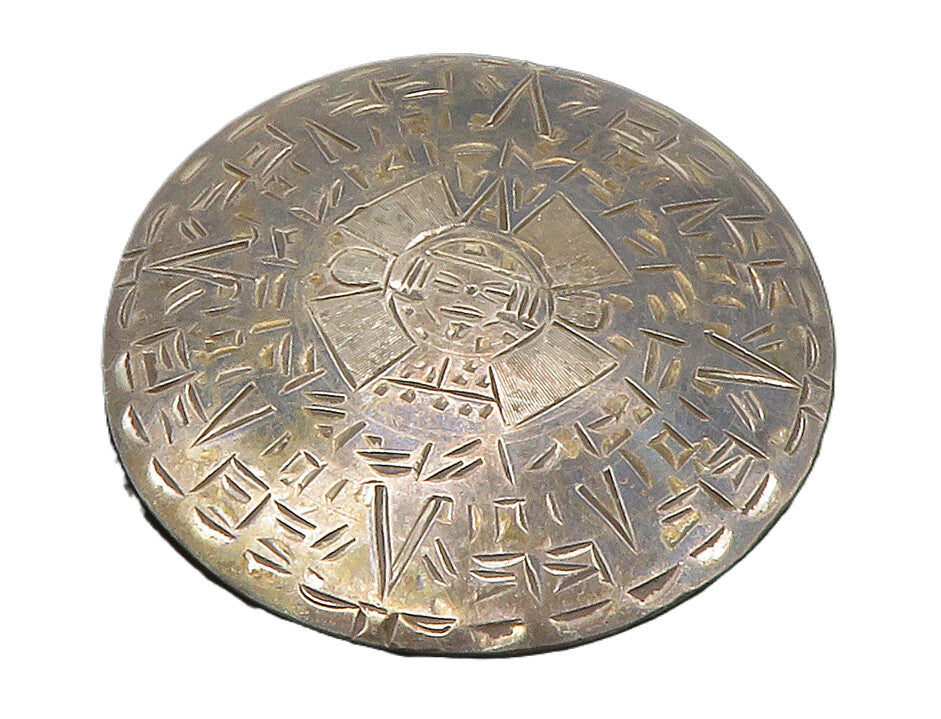 MEXICO 925 Silver  Vintage Etched Mayan Aztec Sun Calendar Brooch Pin  BP5462