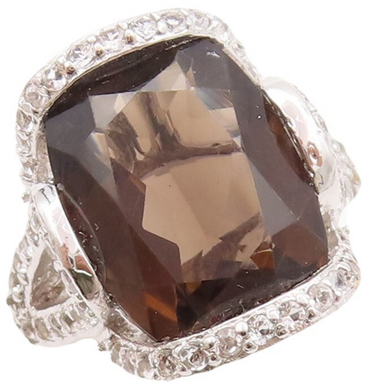 925 Sterling Silver Vintage Ring Smoky Quartz Cutout Topaz Inlay Sz 7.5  RG29754