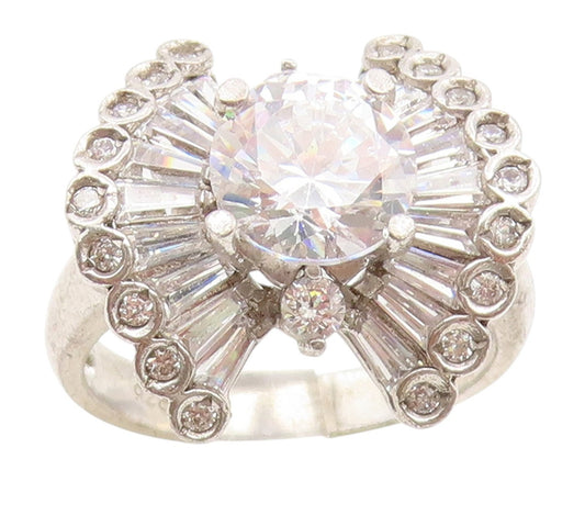 925 Sterling Silver Vintage Ring Round & Baguette Cut CZ Band  Sz 8  RG35277
