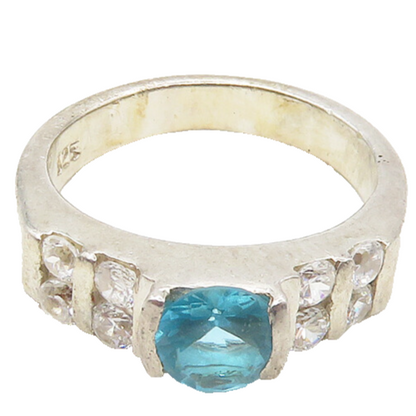 925 Sterling Silver  Vintage Blue & White Topaz Shiny Band Ring Sz 7  RG17975