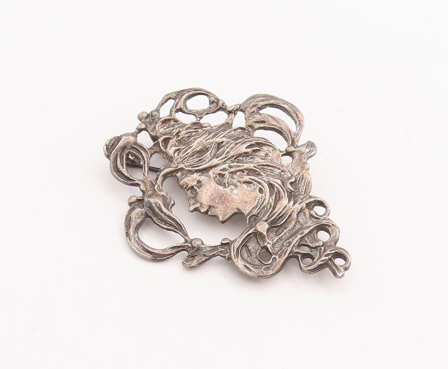 925 Sterling Silver Vintage Brooch Pin Girl Face With Flying Hair  BP11110