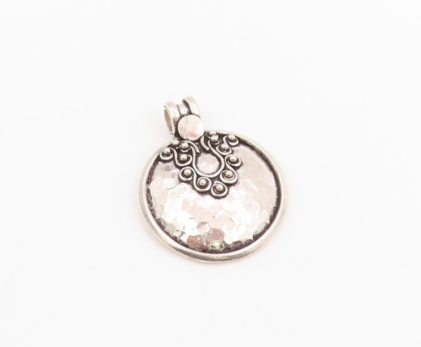 925 Sterling Silver Vintage Pendant Hammered Beaded Scrollwork Medal  PT25768