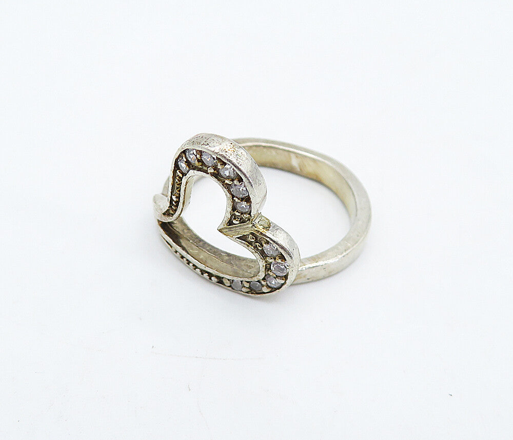 925 Sterling Silver  Vintage Topaz Open Love Heart Band Ring Sz 9  RG4897