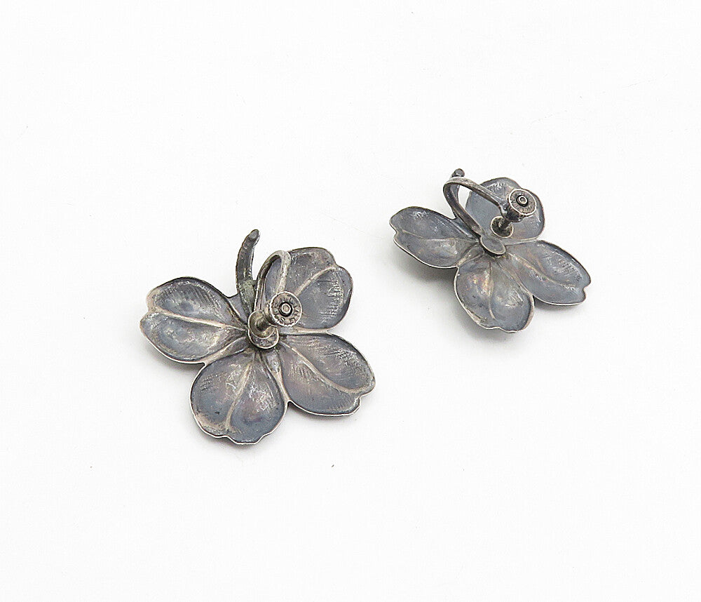 925 Sterling Silver  Vintage Oxidized Flower Motif Non Pierce Earrings  EG4548