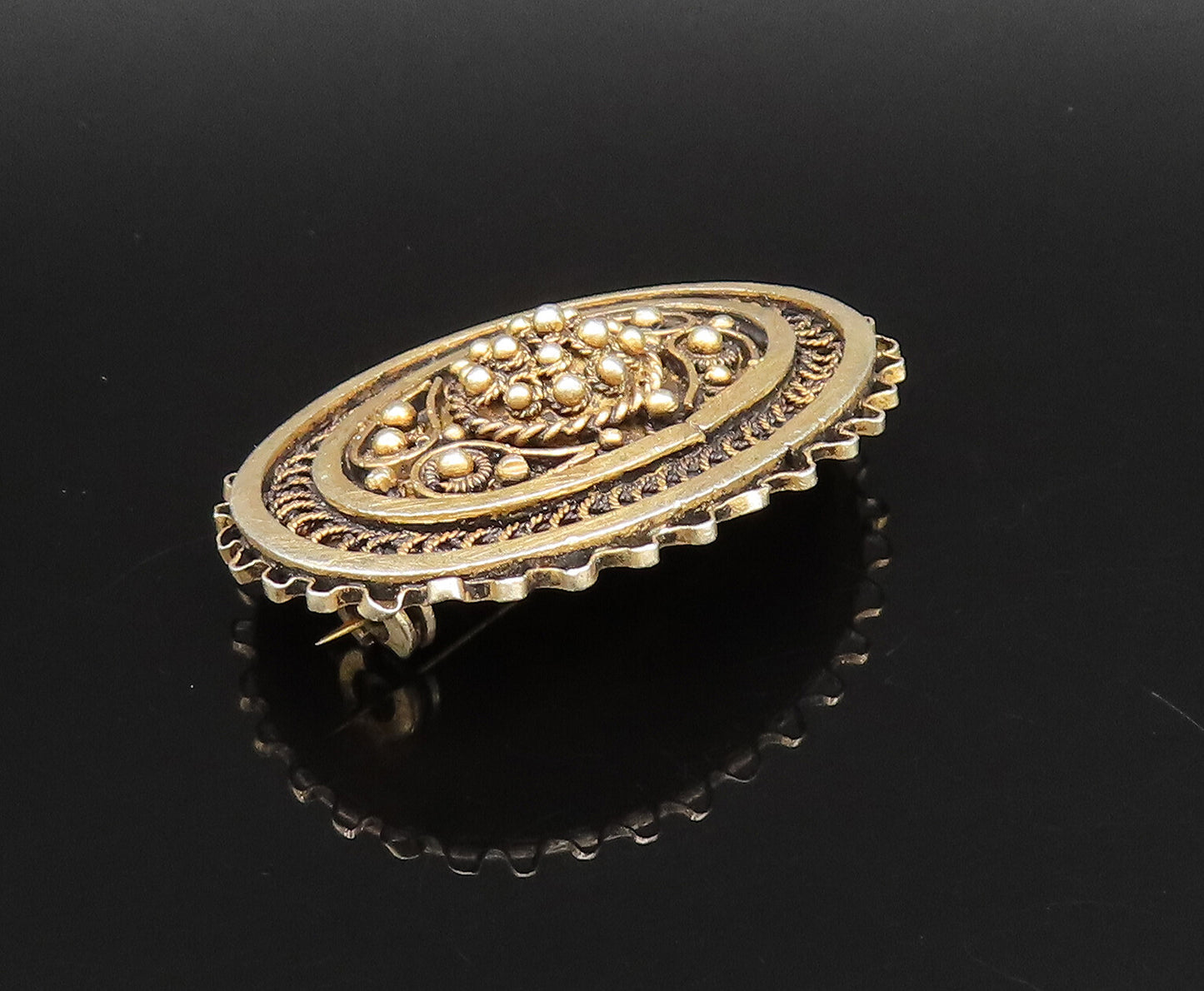 925 Silver  Vintage Antique Beaded & Rope Twist Gold Plated Brooch Pin  BP9949