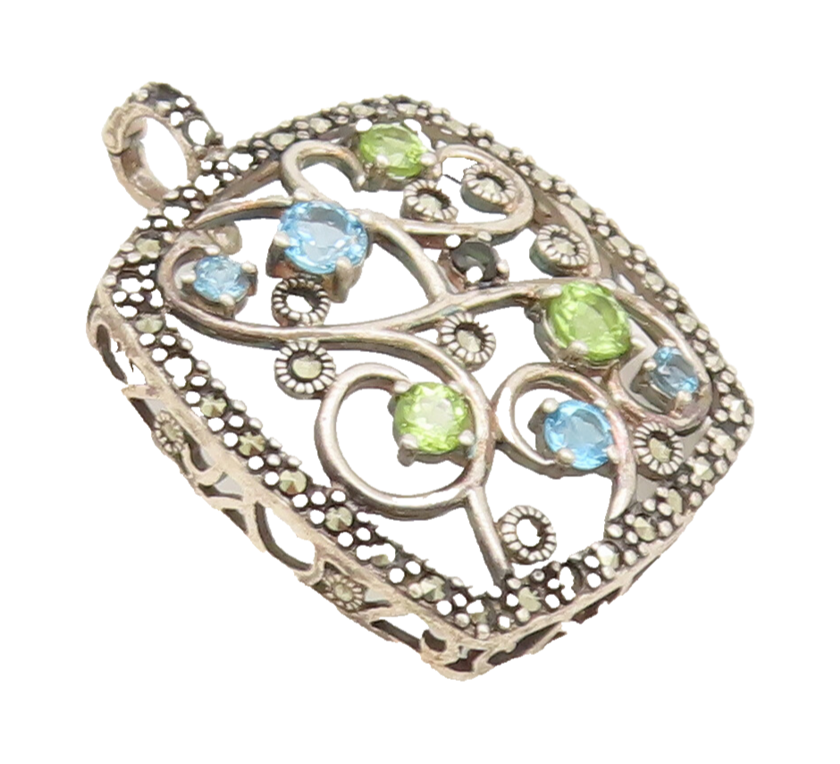 925 Sterling Silver Vintage Pendant Beaded Frame Topaz Peridot Swirls  PT22512