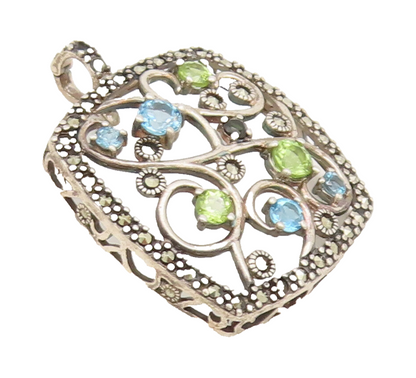 925 Sterling Silver Vintage Pendant Beaded Frame Topaz Peridot Swirls  PT22512