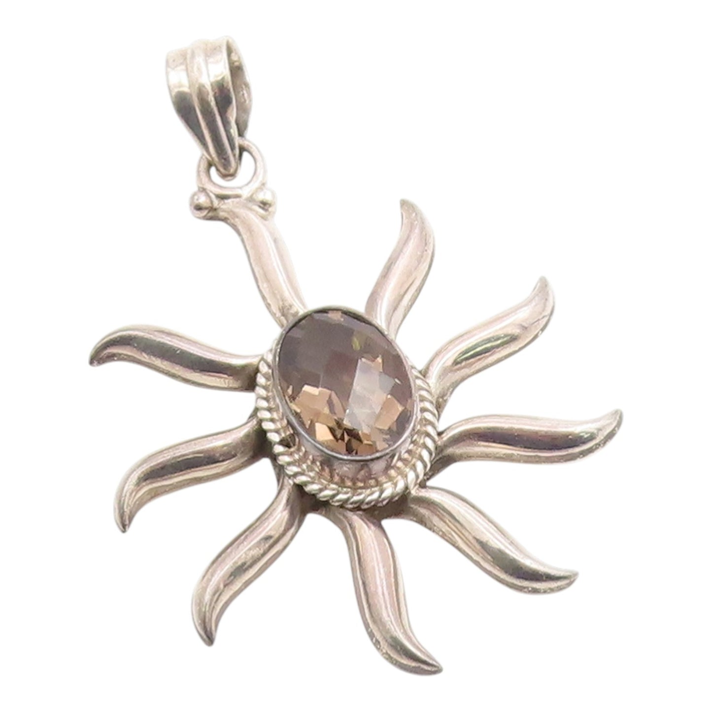 925 Sterling Silver Vintage Pendant Smoky Quartz Modernist Sunburst  PT26096