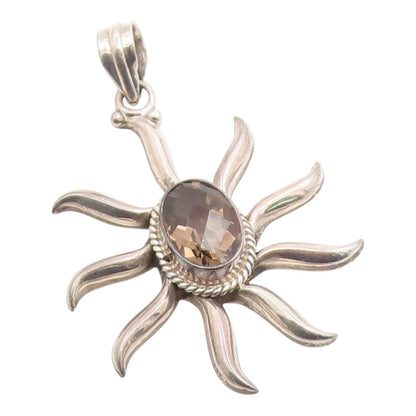 925 Sterling Silver Vintage Pendant Smoky Quartz Modernist Sunburst  PT26096